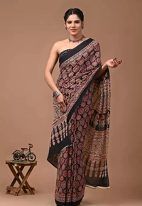 Neha Collection Women Cotton Saree With Blouse - Black, Free Size