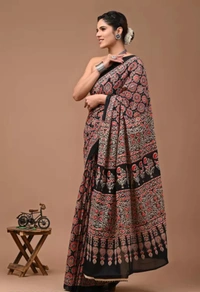 Neha Collection Women Cotton Saree With Blouse - Black, Free Size