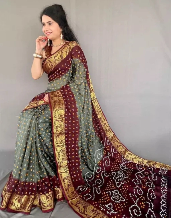 Neha Collection Women Hand Bandhni Khadi Grey Saree - Gray, Free Size