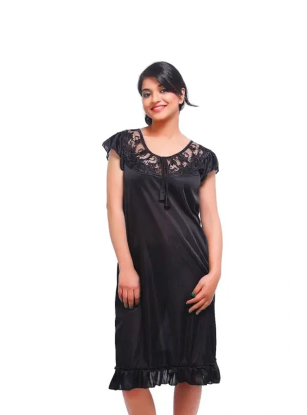 Neha Collection Fasense Satin Round Neck Night Dress Short Nighty - Black, M