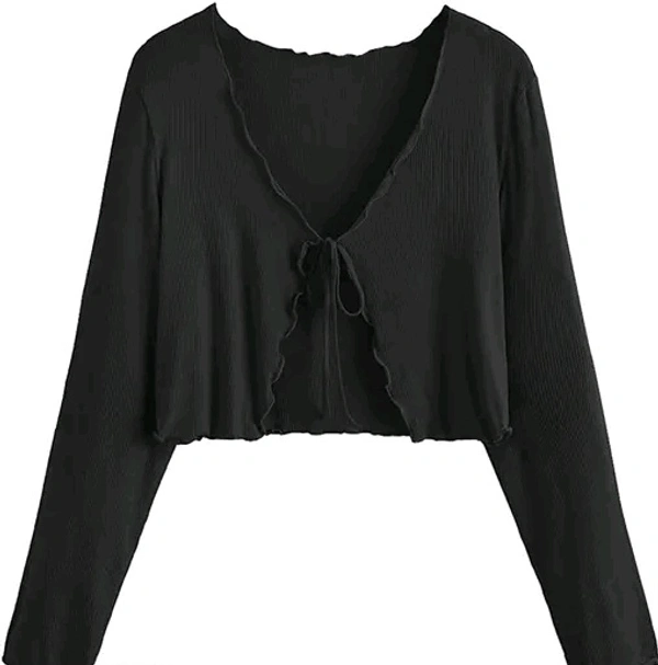 Stylish front Tie Full Sleeve Shrug - Black, S