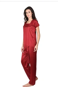 Neha Collection Women's Night Suit For Top And Pajama Long Night Suit For Night Dress - Red, L