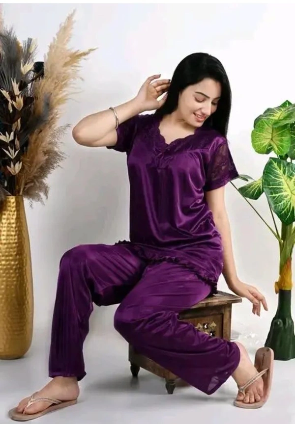 Neha Collection Women's Night Wear Top And Pajama 2 Pice Stylish Nightdress - Purple, L