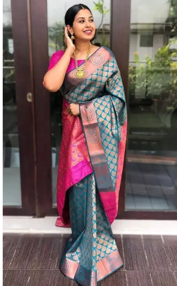 Banarasi Silk Women Designer Jacquard Banarasi Silk Saree - Hippie Blue