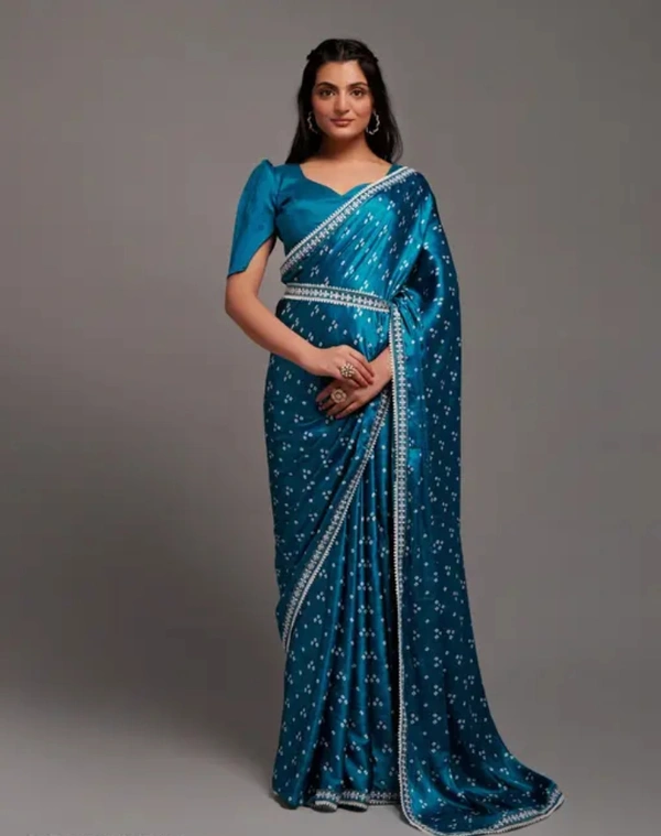 Neha Collection Women Fashionable Satin Saree - Teal, Free Size