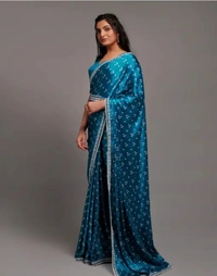 Neha Collection Women Fashionable Satin Saree - Teal, Free Size