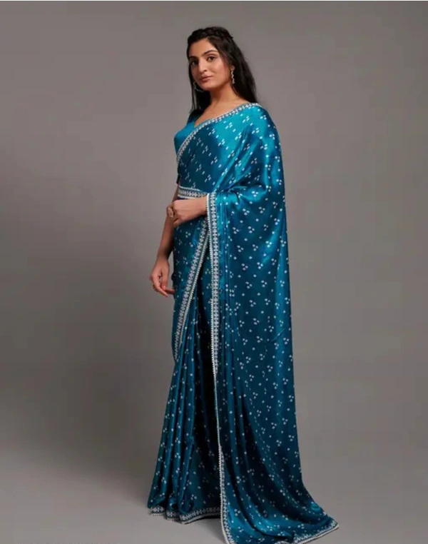 Neha Collection Women Fashionable Satin Saree - Teal, Free Size
