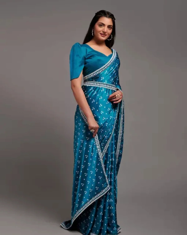 Neha Collection Women Fashionable Satin Saree - Teal, Free Size