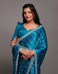 Neha Collection Women Fashionable Satin Saree - Teal, Free Size