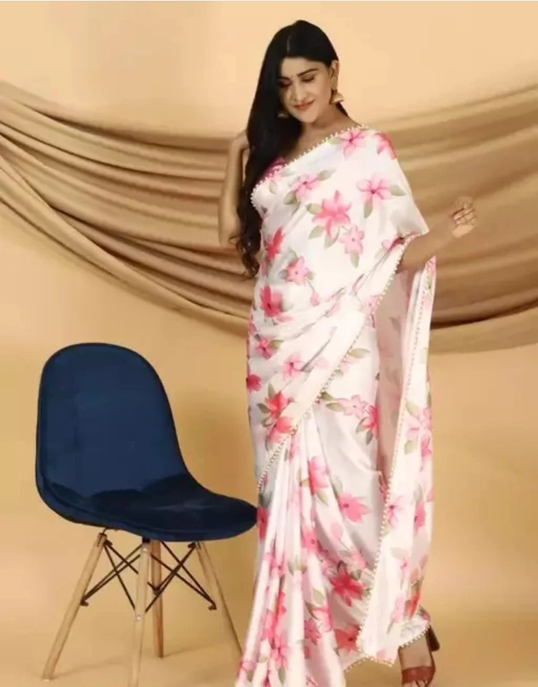 Neha Collection Women Floral Print, Digital Print Satin Saree - White, Free Size
