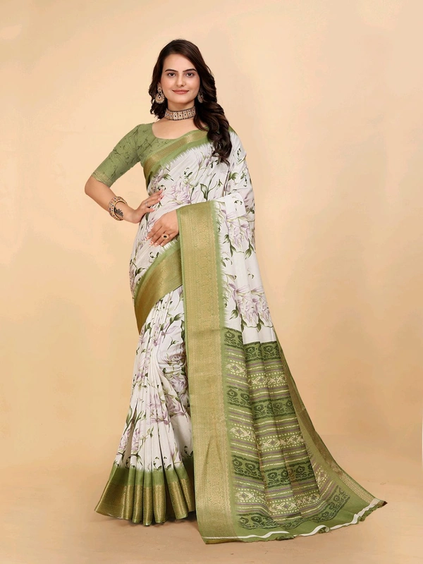 Mehendi and white Dola silk saree with floral digital print