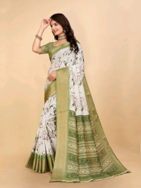 Mehendi and white Dola silk saree with floral digital print