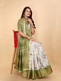Mehendi and white Dola silk saree with floral digital print