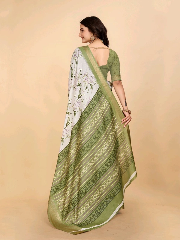 Mehendi and white Dola silk saree with floral digital print