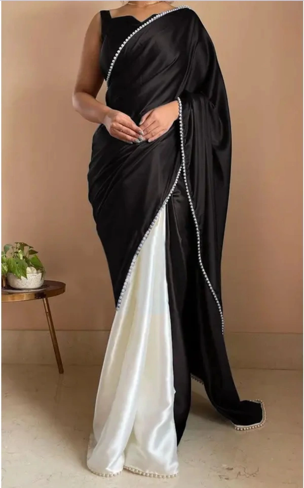 Neha Collection Women Elegance Satin Silk  With Pearl Border Saree - Black, Free Size
