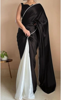 Neha Collection Women Elegance Satin Silk  With Pearl Border Saree - Black, Free Size