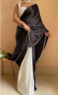 Neha Collection Women Elegance Satin Silk  With Pearl Border Saree - Black, Free Size