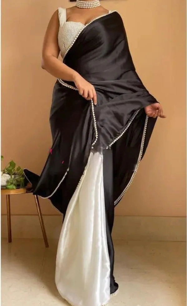 Neha Collection Women Elegance Satin Silk  With Pearl Border Saree - Black, Free Size