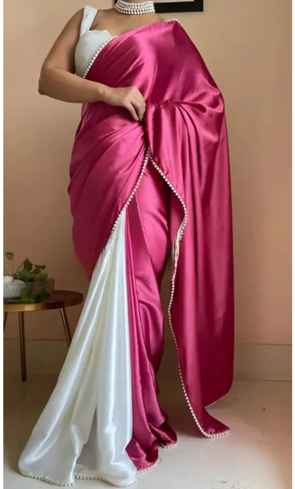 Neha Collection Women Elegance Satin Silk  With Pearl Border Saree - Pink, Free Size