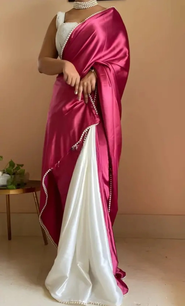 Neha Collection Women Elegance Satin Silk  With Pearl Border Saree - Pink, Free Size