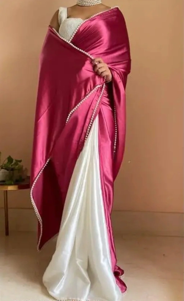 Neha Collection Women Elegance Satin Silk  With Pearl Border Saree - Pink, Free Size