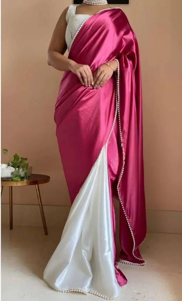 Neha Collection Women Elegance Satin Silk  With Pearl Border Saree - Pink, Free Size