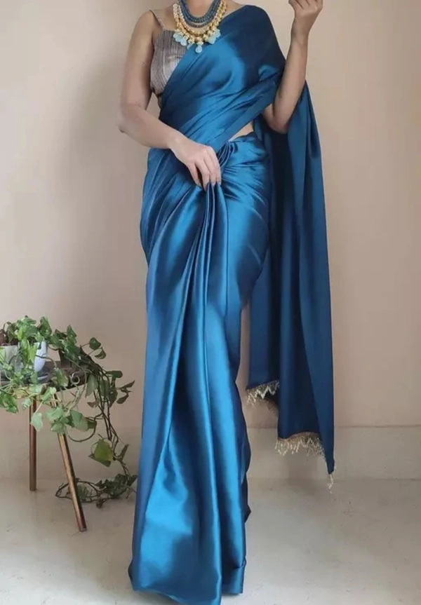 Neha Collection Women Satin Blend Saree With Barcode Blouse Piece - Blue, Free Size