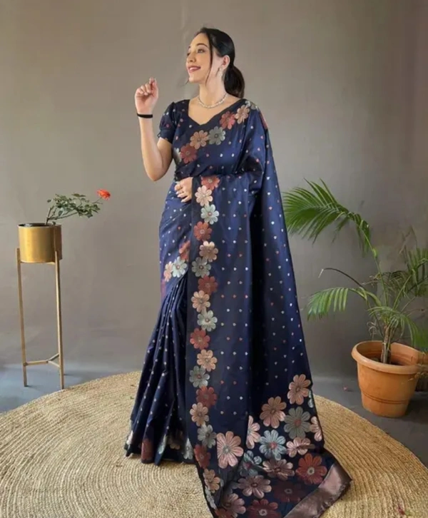 Neha Collection Women Self Design Blend Pure Satin Silk Saree - Blue, Free Size