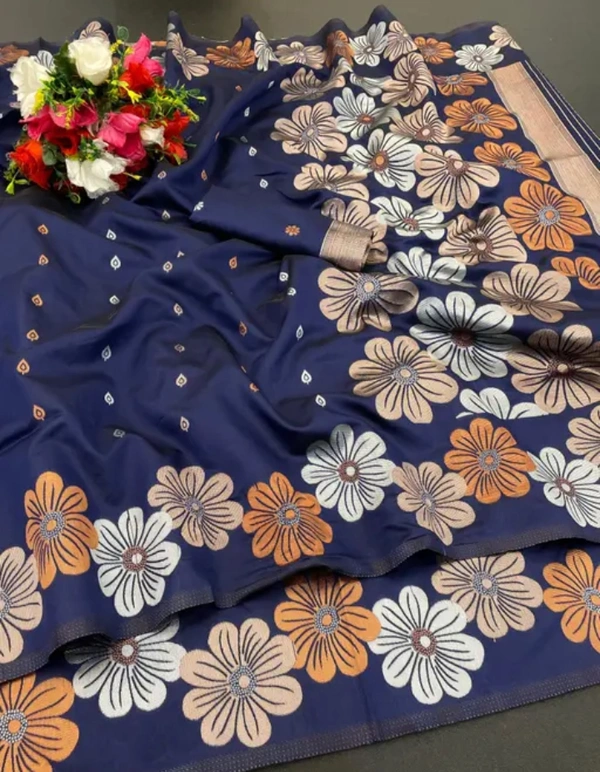 Neha Collection Women Self Design Blend Pure Satin Silk Saree - Blue, Free Size