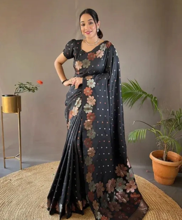 Neha Collection Women Self Design Blend Pure Satin Silk Saree - Black, Free Size
