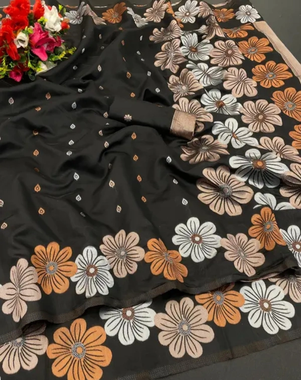 Neha Collection Women Self Design Blend Pure Satin Silk Saree - Black, Free Size