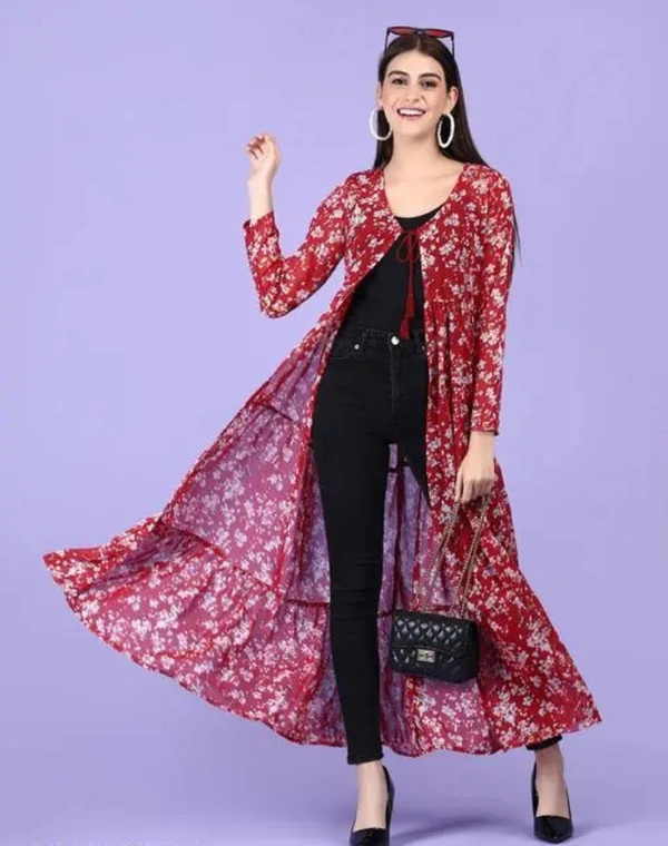 Neha Collection Women Red Floral Printed Tie-up Shrug - Red, S