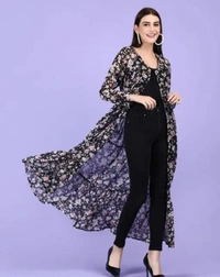 Neha Collection Women Floral Print Tie-up Shrug - Black, L