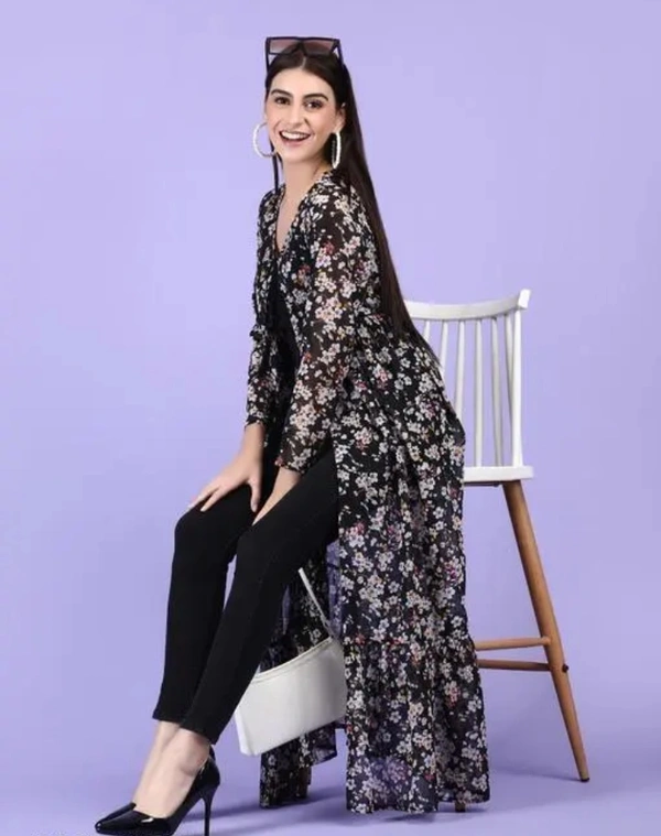 Neha Collection Women Floral Print Tie-up Shrug - Black, XL