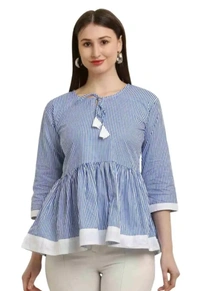 Neha Collection Women Tunic Strip Parallel Print Top - Blue, XL