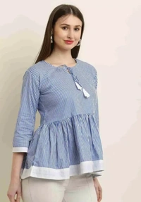 Neha Collection Women Tunic Strip Parallel Print Top - Blue, XL