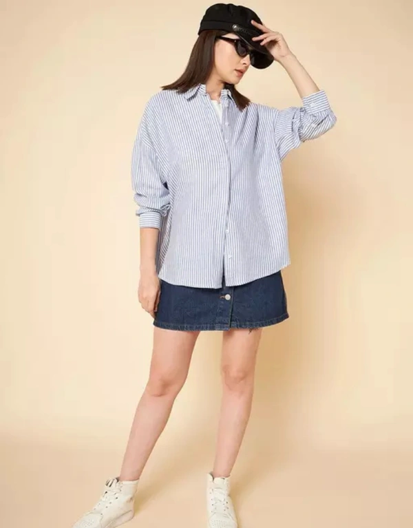 Neha Collection High Star Oversized Blue Striped Cotton Casual Shirt - Blue, S