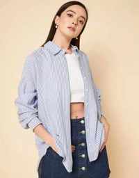 Neha Collection High Star Oversized Blue Striped Cotton Casual Shirt - Blue, S