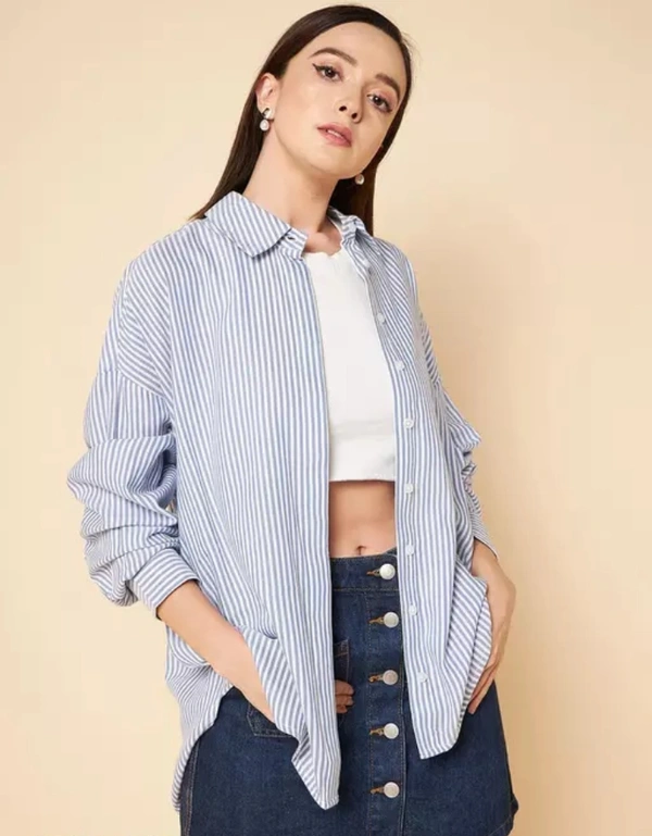 Neha Collection High Star Oversized Blue Striped Cotton Casual Shirt - Blue, S