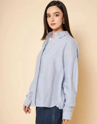 Neha Collection High Star Oversized Blue Striped Cotton Casual Shirt - Blue, S