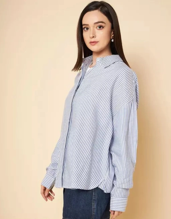 Neha Collection High Star Oversized Blue Striped Cotton Casual Shirt - Blue, S