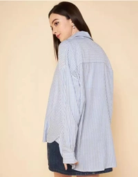 Neha Collection High Star Oversized Blue Striped Cotton Casual Shirt - Blue, S