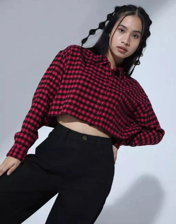 Neha Collection Standard Puffed Checks Casual Shirt For Women - Red, XS