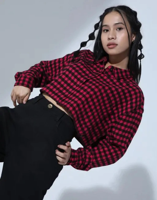 Neha Collection Standard Puffed Checks Casual Shirt For Women - Red, XS