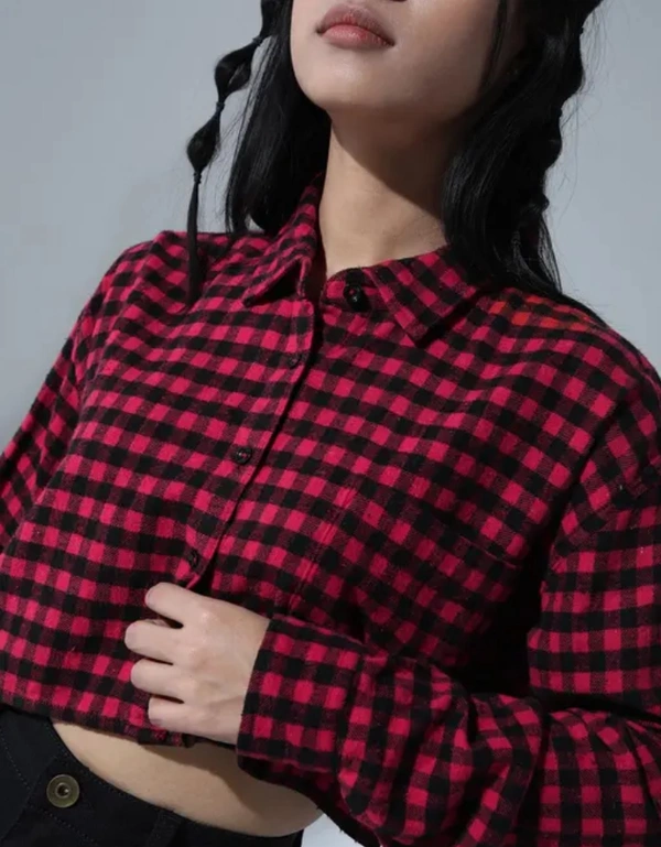 Neha Collection Standard Puffed Checks Casual Shirt For Women - Red, XS
