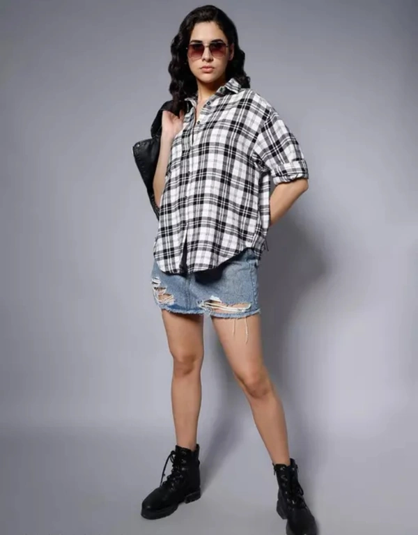 Neha Collection Classic Checked Spread Collar Boxy Fit Pure Cotton Casual Shirt For Women - White, M