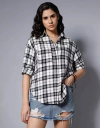 Neha Collection Classic Checked Spread Collar Boxy Fit Pure Cotton Casual Shirt For Women - White, M
