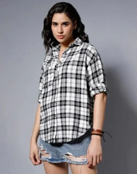 Neha Collection Classic Checked Spread Collar Boxy Fit Pure Cotton Casual Shirt For Women - White, M