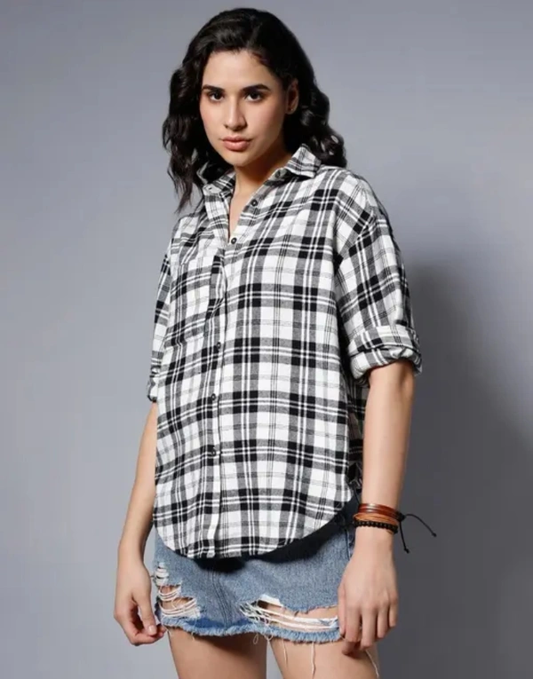 Neha Collection Classic Checked Spread Collar Boxy Fit Pure Cotton Casual Shirt For Women - White, M