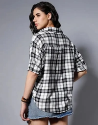 Neha Collection Classic Checked Spread Collar Boxy Fit Pure Cotton Casual Shirt For Women - White, M